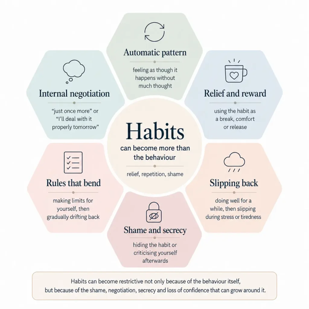 Infographic showing the habit loop: trigger, urge, behaviour and brief relief