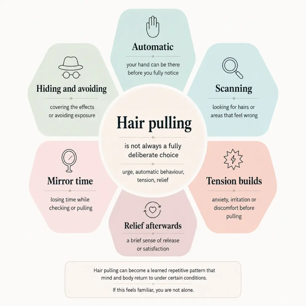 Infographic showing the hair pulling and skin picking cycle: urge, tension and brief relief