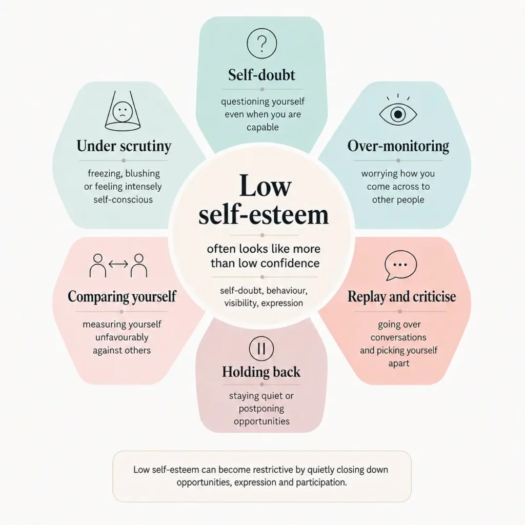 Infographic showing low self-esteem often looks like more than low confidence
