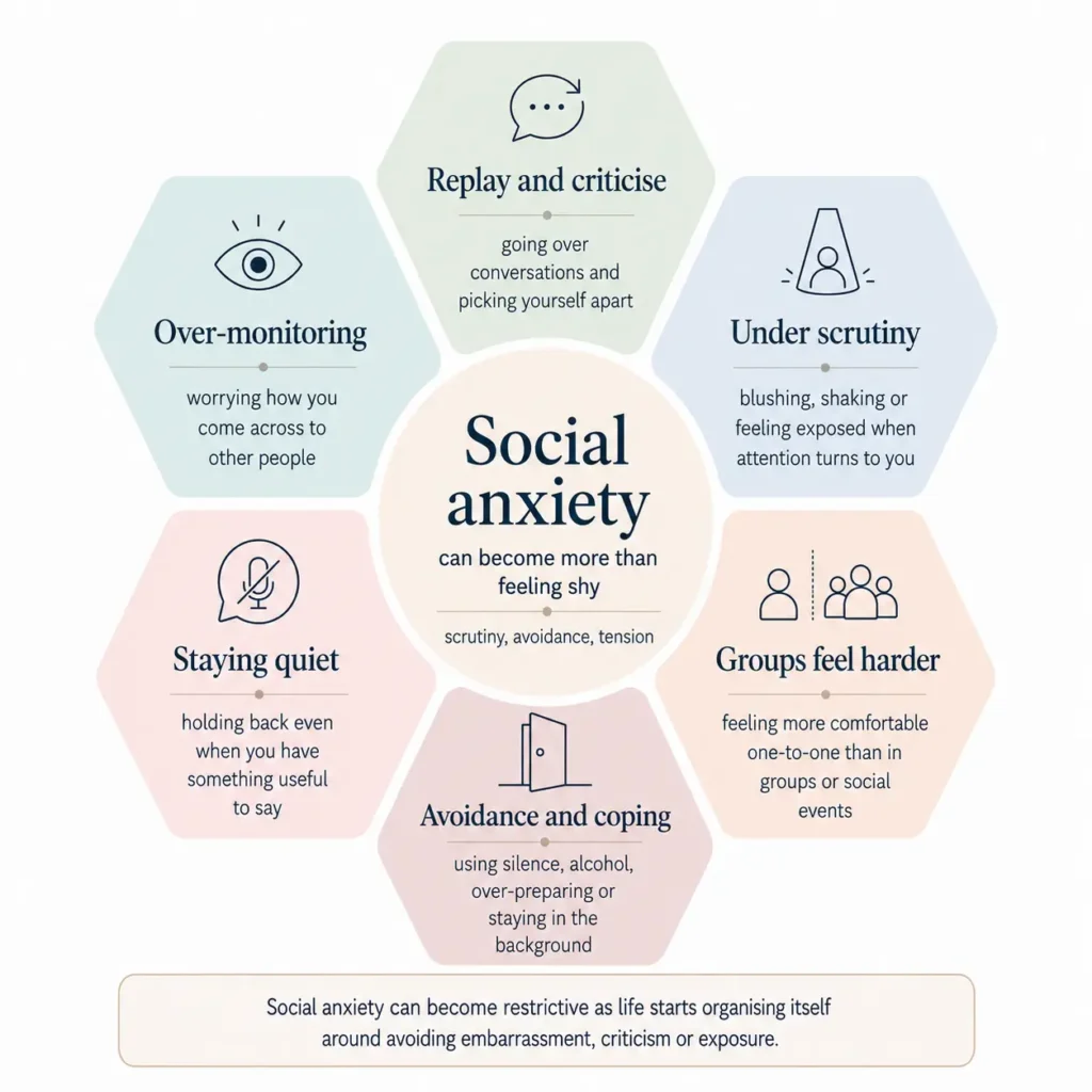 Infographic showing the social anxiety cycle: judgement fears, physical symptoms and avoidance