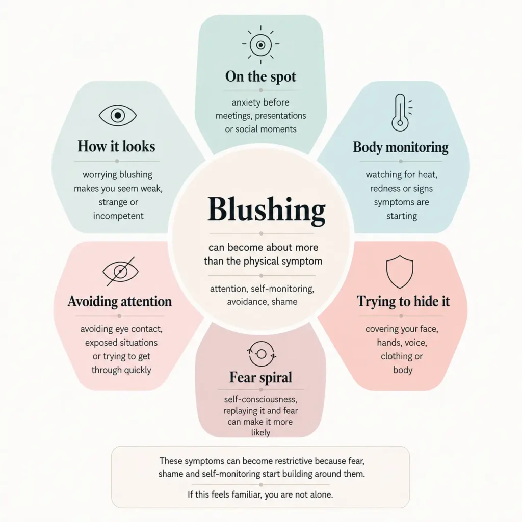 Infographic showing the blushing and visible anxiety cycle: fear of symptoms, self-monitoring and avoidance
