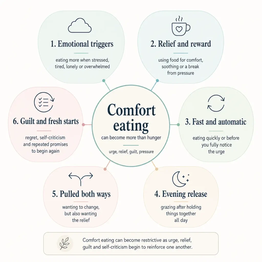 Infographic showing the comfort eating cycle: emotional trigger, urge, relief and self-criticism