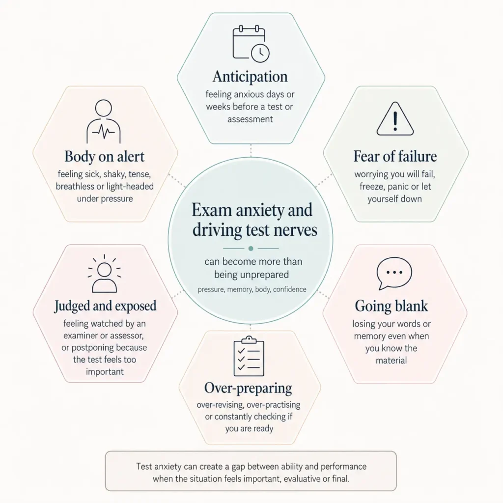 Infographic showing the test anxiety cycle: pressure, threat prediction and performance impact