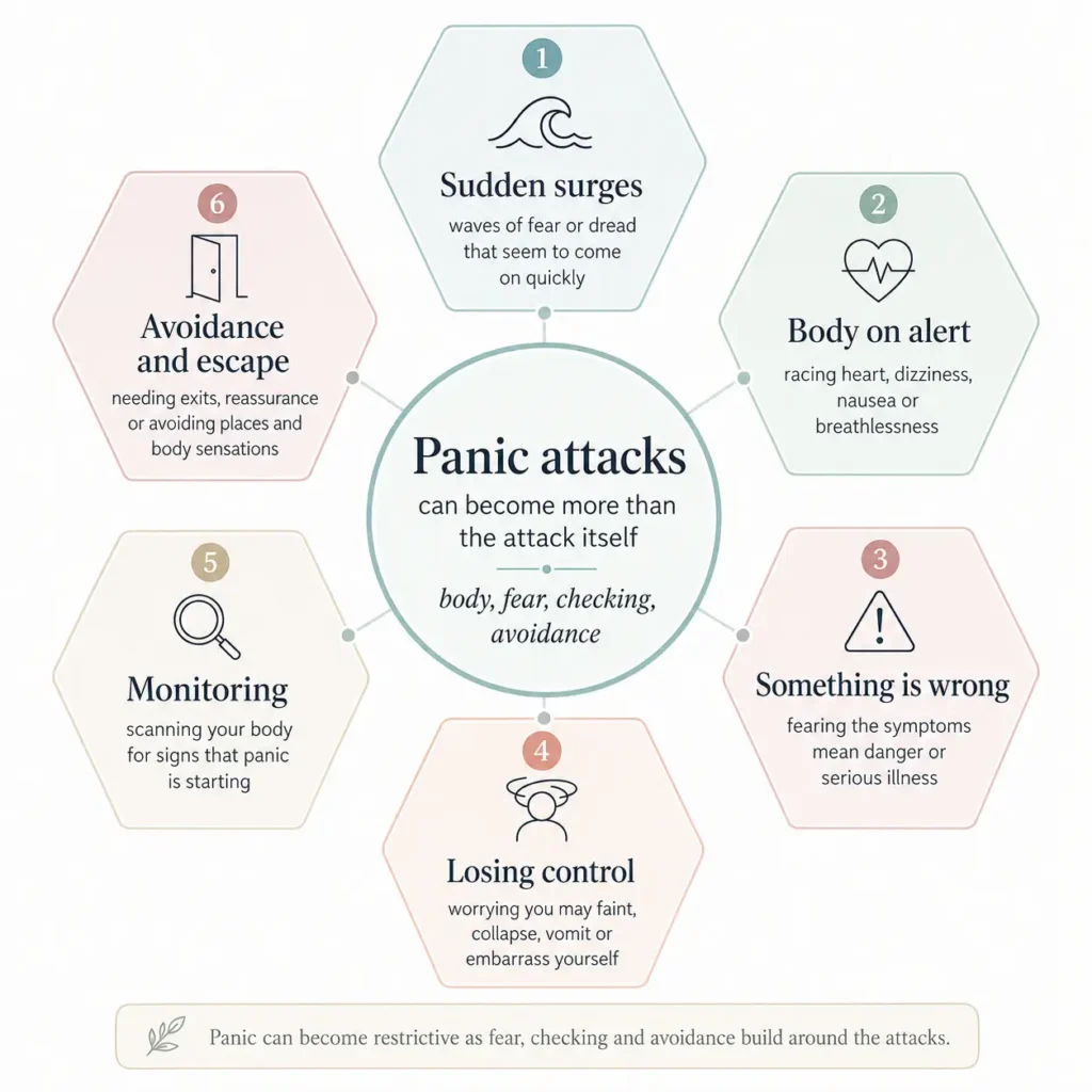 Infographic showing the panic attack cycle: sensation, threat prediction, escalation and avoidance